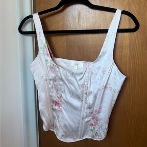 LoveShackFancy Silk White Corset Top with pink flowers